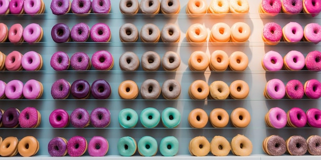 Un affichage de beignets colorés avec un qui dit des beignets dessus.