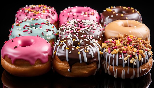 un affichage de beignets avec différentes saveurs, dont une avec des éclaboussures roses et vertes