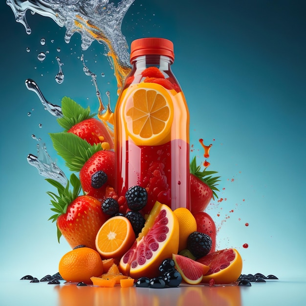 Un affichage d'une bouteille de jus de fruit et d'une tranche de fruits