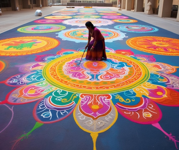 Un affichage brillamment coloré de motifs de rangoli