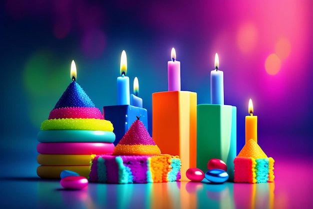 Un affichage coloré de bougies avec les mots "joyeux anniversaire" sur le dessus.
