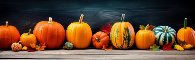 Affichage coloré de citrouilles et de feuilles assises sur une table en bois Bannière