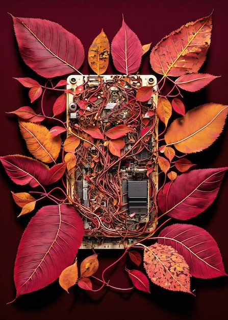 Un affichage coloré de feuilles et un téléphone avec le mot radio dessus.