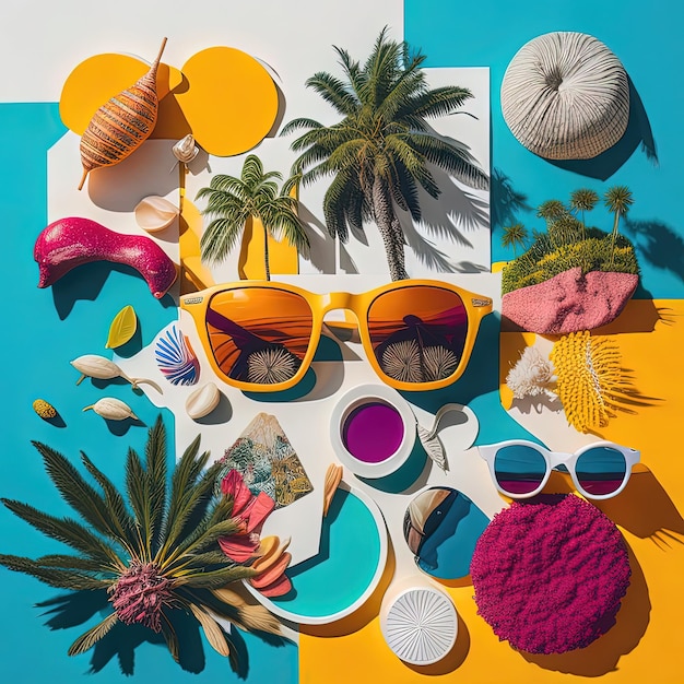 Photo un affichage coloré de lunettes de soleil et un palmier.