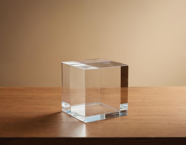 Affichage de cubes de verre minimalistes sur une base en bois avec une ombre douce isolée sur un fond gris clair