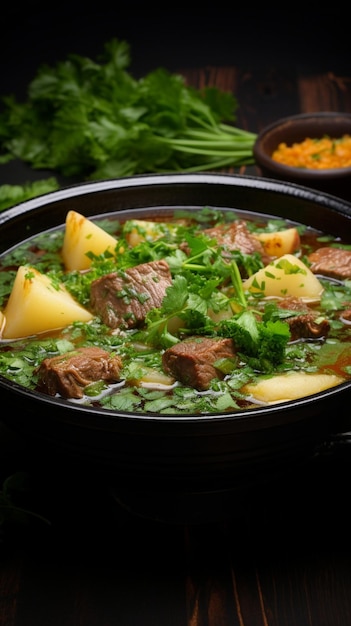 Photo affichage délicieux vue avant de la soupe à la viande savoureuse avec des pommes de terre vertes sur une surface sombre mob vertical