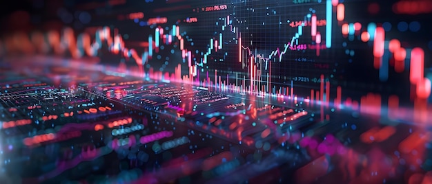 Affichage de données financières futuristes en bleu néon et rouge Visualisation de données conceptuelles Conception futuriste Couleurs néon Tendances de la technologie de l'information financière
