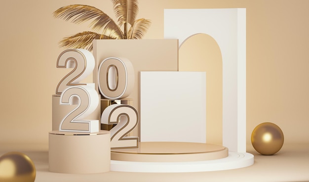 Photo affichage du produit podium beige et fond de géométrie pastel bonne année vacances 2022 rendu 3d