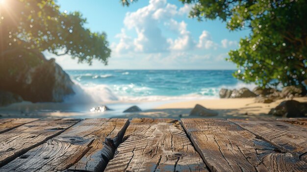 Affichage du produit sur une table en bois rustique avec un fond de plage flou