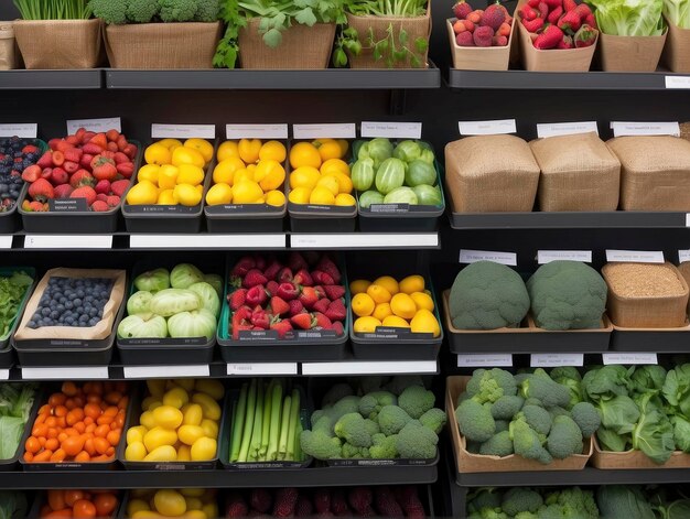 un affichage de fruits et légumes frais dans une vitrine