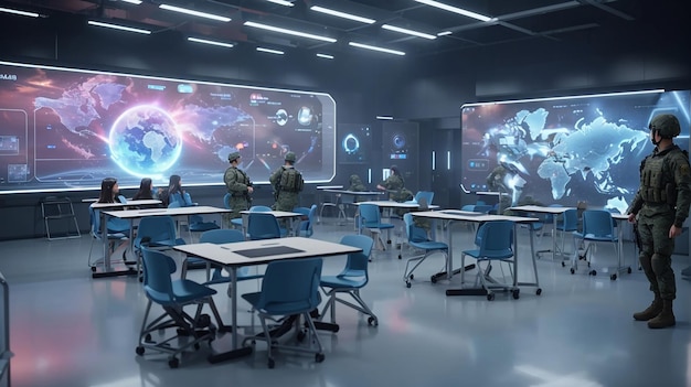 Un affichage holographique futuriste en classe de l'armée virtuel intégré à l'expérience d'apprentissage