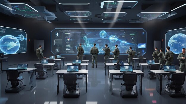 Un affichage holographique futuriste en classe de l'armée virtuel intégré à l'expérience d'apprentissage