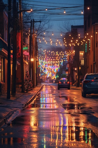 Affichage de la lumière festive des fêtes dans une rue de la ville créée avec une IA générative