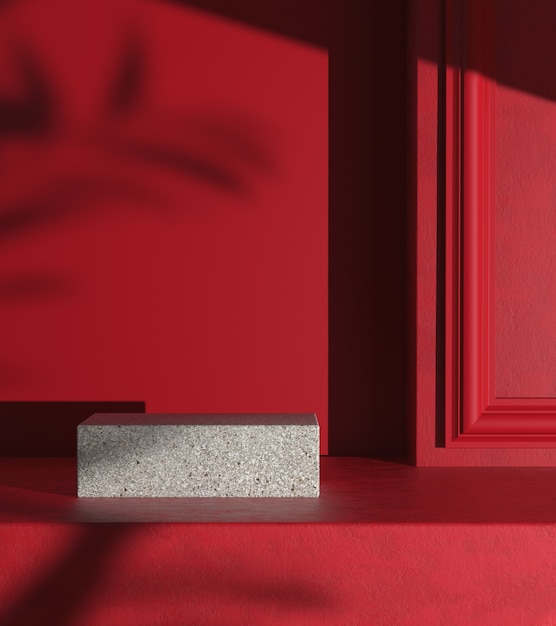 Affichage de maquette minimal avec scène rouge et ombre de parasol sur le mur