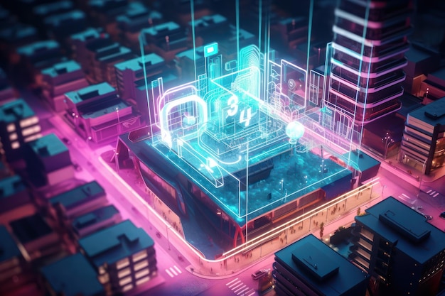 Un affichage numérique d'une ville avec des néons et le numéro 4 dessus.