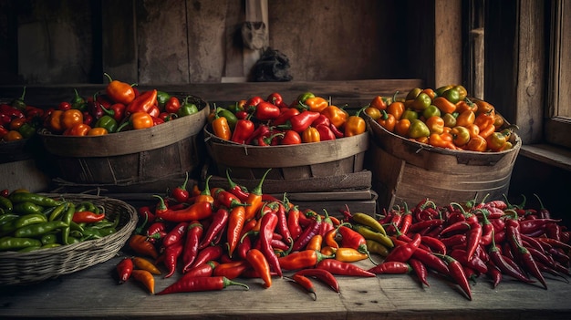 Un affichage de piments rouges et verts dans des paniers avec d'autres paniers de poivrons sur la table.