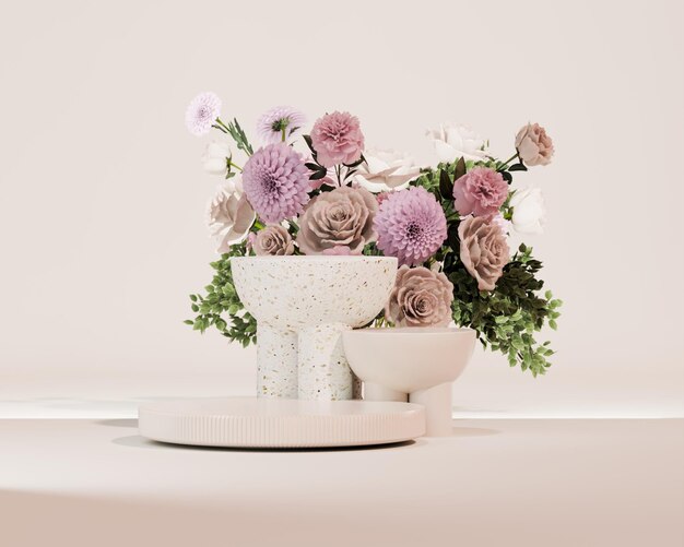 Affichage de podium 3D à fond rose pastel avec fleur d'hortensie et cadre vintage fleur de rose