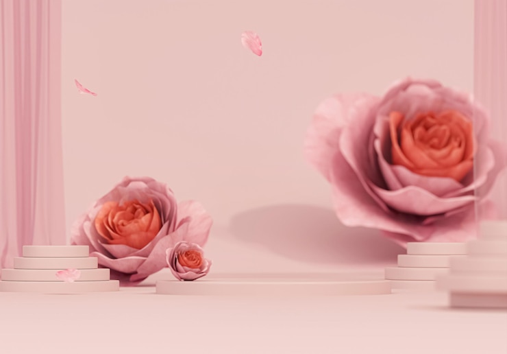 Photo affichage de podium 3d à fond rose pastel avec des fleurs de rose et une ombre de feuille de palmier piédestal minimal