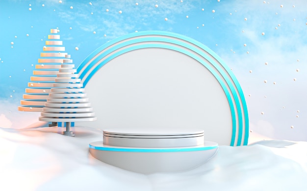 Affichage de podium d'hiver 3D arbre de Noël blanc look abstrait rendu 3d de fond