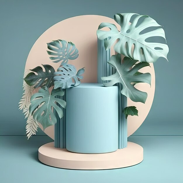 Photo affichage de podium de piédestal rond de rendu 3d avec des feuilles tropicales et des couleurs pastel