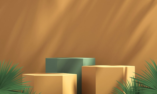 Affichage de podium de produit vert et orange 3D avec fond orange et ombre d'arbre, arrière-plan de maquette de produit d'été, illustration de rendu 3D