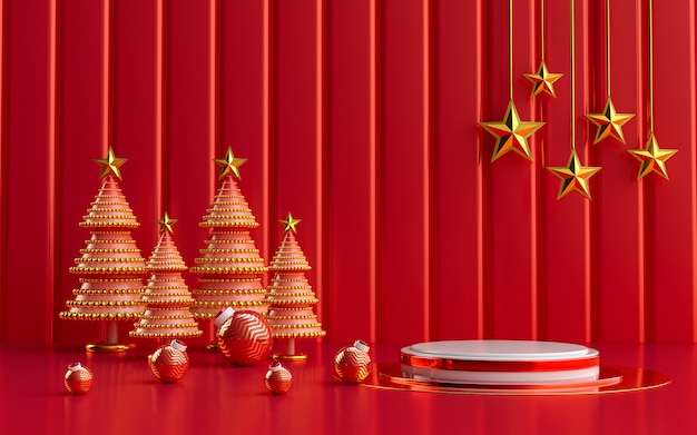 affichage de podium rouge et or de luxe de joyeux Noël d'hiver pour le rendu 3d de présentation de produit