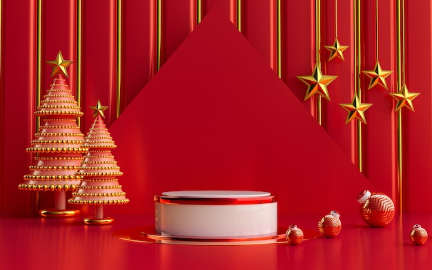 affichage de podium rouge et or de luxe de joyeux Noël d'hiver pour le rendu 3d de présentation de produit