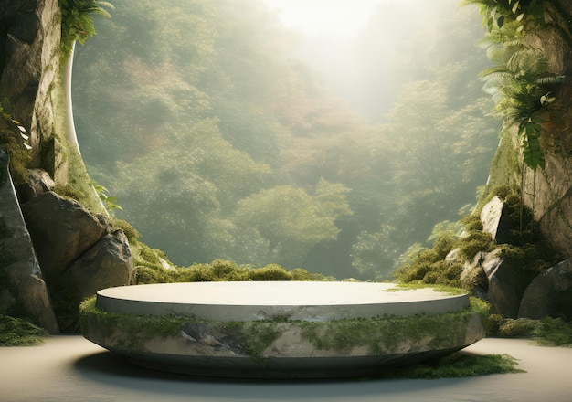 Affichage de produit d'étape de podium rond en céramique 3D avec le fond de paysage de paysage de nature AI génératif