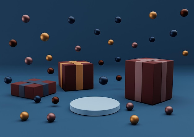 affichage de produit minimal 3D bleu décoration colorée boules de Noël cadeaux enveloppés géométriques stylisés