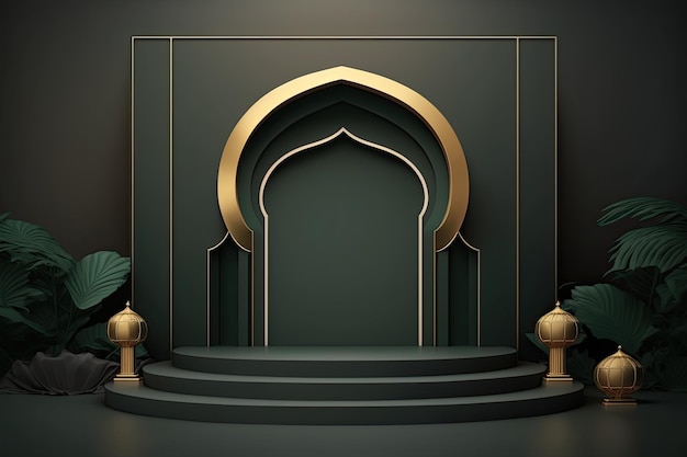 Affichage de produit de scène de podium de ramadan islamique de luxe cadre vert et or généré par l'IA