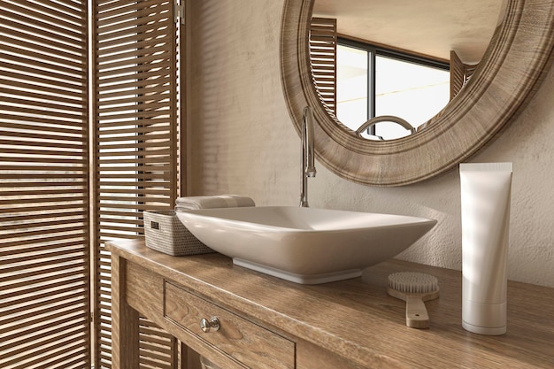 affichage de produits cosmétiques intérieur de salle de bain dans des meubles en bois boho de style ferme rendu 3d