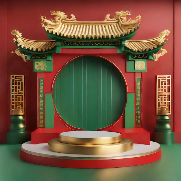Affichage de Produt dans la porte chinoise avec des couleurs vert rouge et or