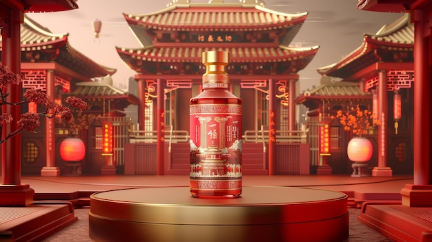 L'affichage d'une réplique 3D d'une exquise bouteille de liqueur orientale est sur une scène cylindrique avec un fond d'architecture traditionnelle chinoise.