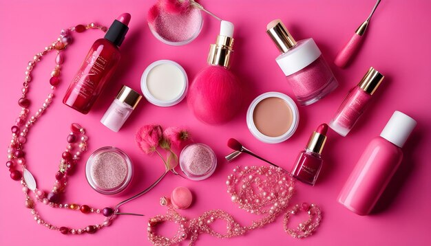 un affichage rose de cosmétiques et de cosmétics sur un fond rose