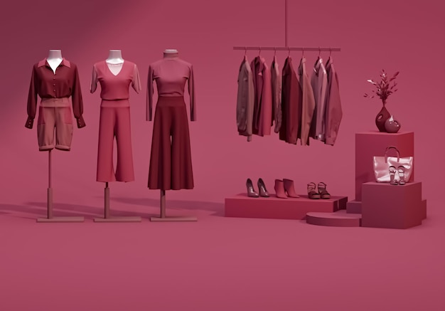 un affichage rose de vêtements et un fond rose avec un mannequin
