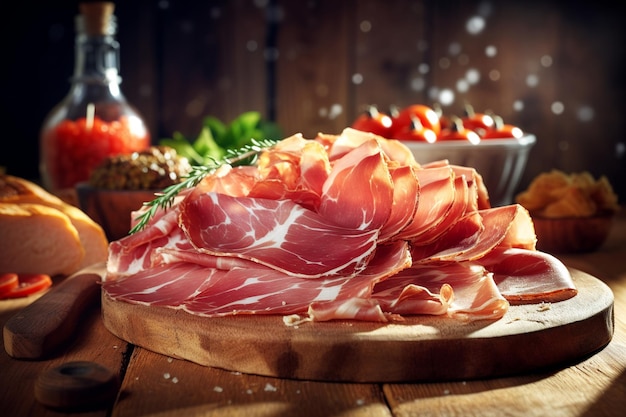 Affichage rustique de prosciutto en tranches fines sur une toile de fond de pots en cuivre de planche de bois