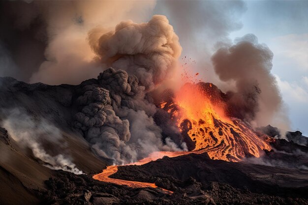 Affichage spectaculaire de lave en cascade sur le flanc du volcan avec de la fumée s'élevant du cratère