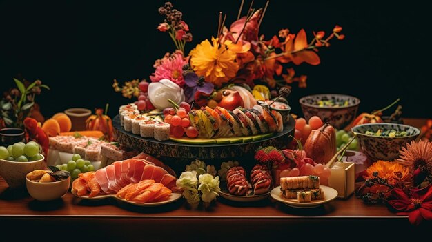 Photo un affichage de sushis et de sushis sur une table.