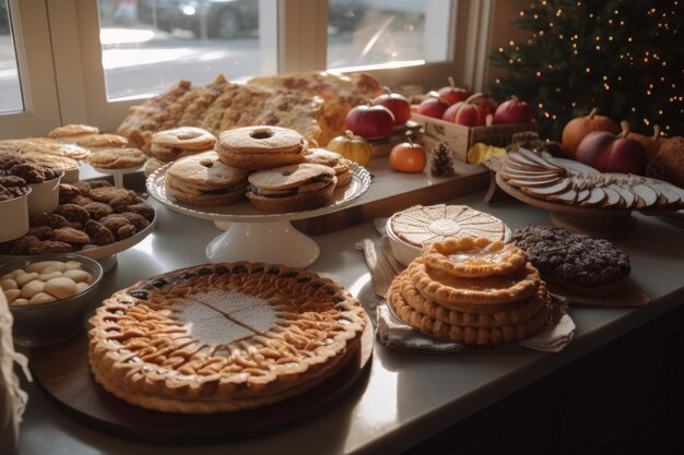 Affichage sur table de gâteaux de biscuits et de pâtisseries de Noël dans une boulangerie créée avec l'IA générative