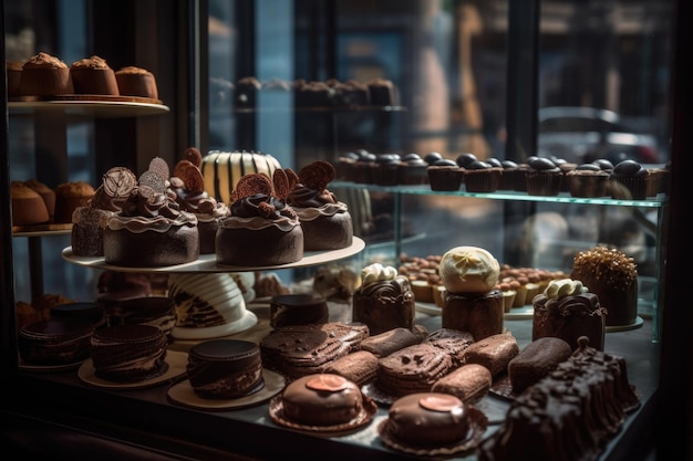 Affichage tentant de gâteaux au chocolat, cupcakes et biscuits dans la fenêtre de la boulangerie créée avec l'IA générative