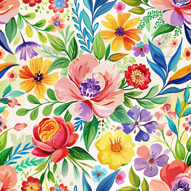 L'affichage vibrant de diverses fleurs et feuilles crée un motif floral coloré et dense