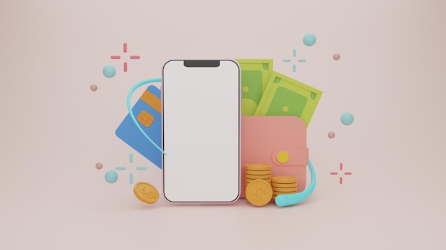 Affichage vierge du smartphonePaiement financierSmartphonePortefeuille numériquePièces de monnaie et carte de crédit Shopping