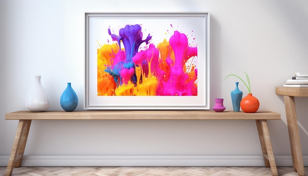 une affiche 3D avec une éclaboussure minimaliste de couleurs Holi vibrantes sur un fond blanc