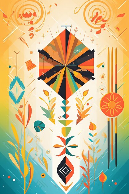 Photo affiche abstraite mettant en vedette des éléments symboliques de makar sankranti tels que des cerfs-volants, de la canne à sucre