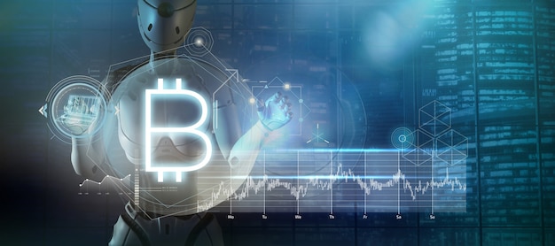 Affiche abstraite avec un robot sur le rendu 3d du bitcoin et des crypto-monnaies
