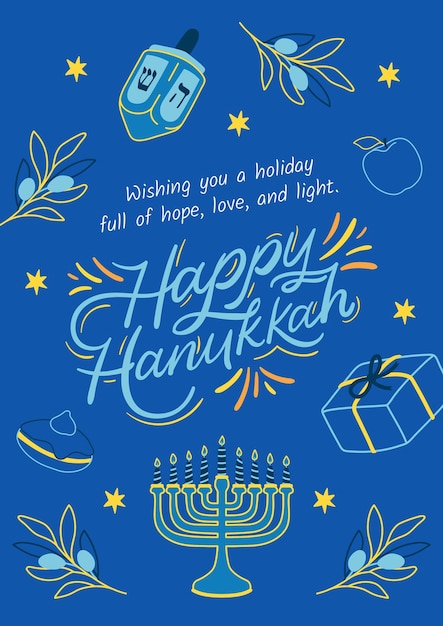 Affiche d'accueil de Hanoukka en sty illustratif organique bleu jaune