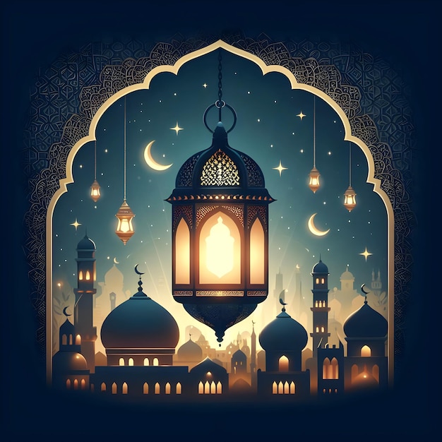 Affiche de l'Aïd al-Fitr avec une lanterne la nuit