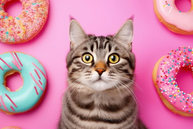 Affiche amusante de restauration rapide pour une publicité mettant en vedette une tête de chat avec des beignets et de la glace sur fond rose