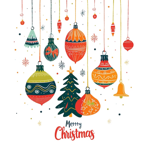 une affiche avec un arbre de Noël et des boules