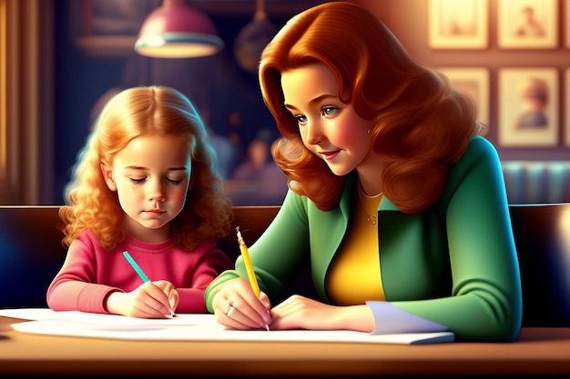 Affiche d'art Pixar maman et fille faisant leurs devoirs assis à la table